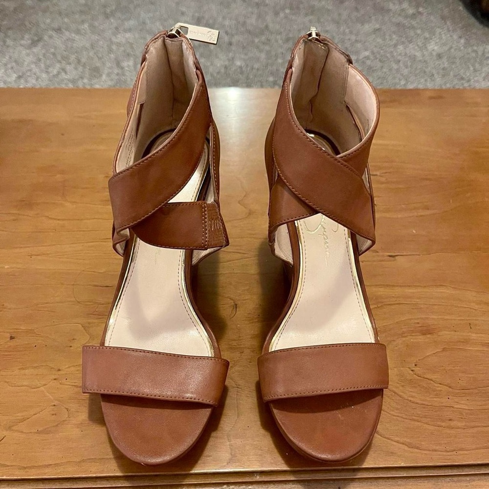 Jessica Simpson WOMENS 6M Brown Ankle Strap Platform Wedge SANDAL Back Zip NWOT